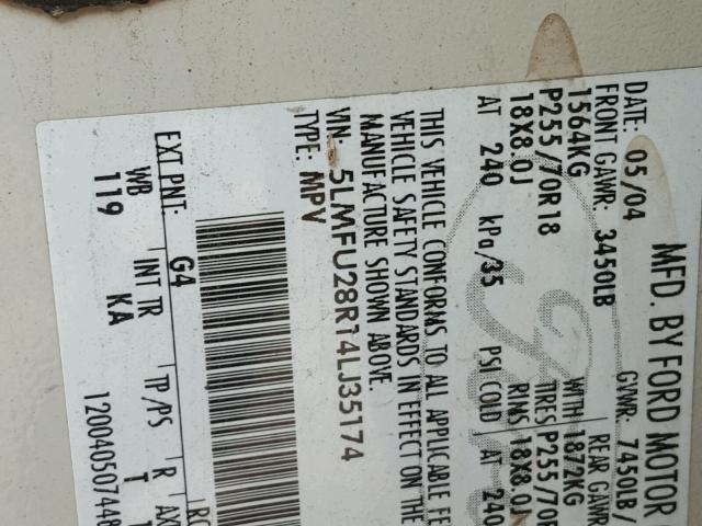 5LMFU28R14LJ35174 - 2004 LINCOLN NAVIGATOR Ақ фото 10