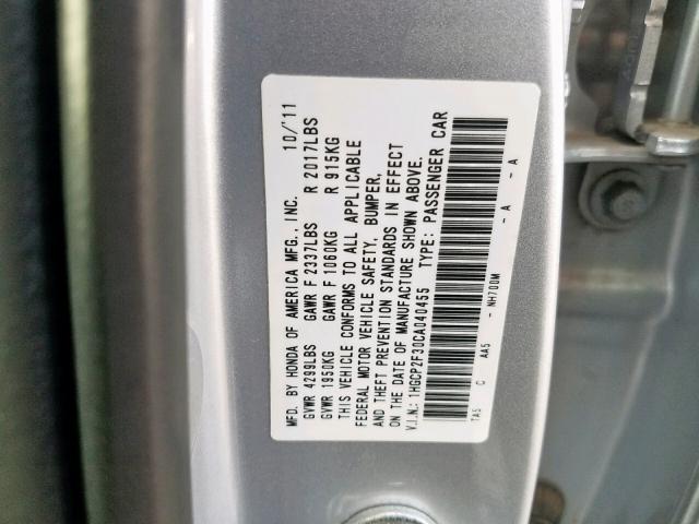 1HGCP2F30CA040455 - 2012 HONDA ACCORD LX SILVER photo 10