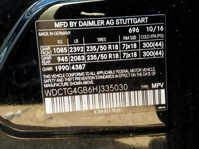 WDCTG4GB6HJ335030 - 2017 MERCEDES-BENZ GLA 250 4M BLACK photo 10