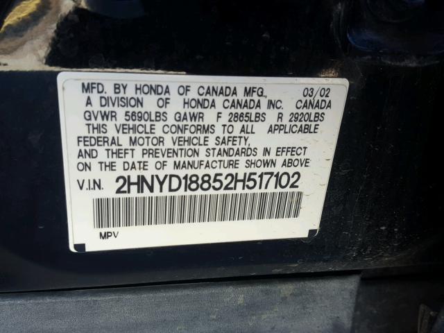 2HNYD18852H517102 - 2002 ACURA MDX TOURIN BLACK photo 10