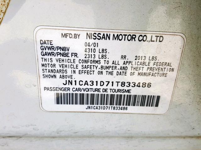 JN1CA31D71T833486 - 2001 NISSAN MAXIMA GXE WHITE photo 10