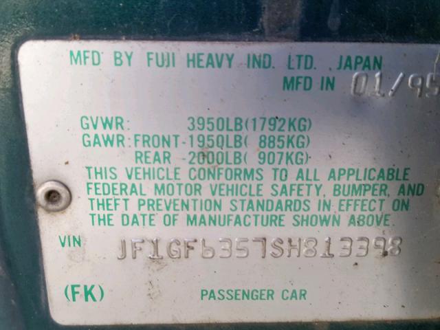 JF1GF6357SH813398 - 1995 SUBARU IMPREZA L GREEN photo 10