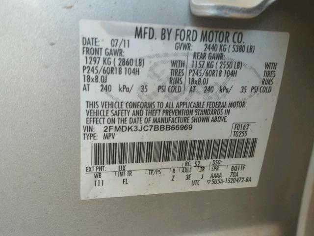 2FMDK3JC7BBB66969 - 2011 FORD EDGE SEL SILVER photo 10