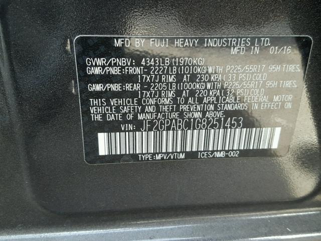 JF2GPABC1G8251453 - 2016 SUBARU CROSSTREK GRAY photo 10