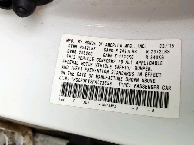 1HGCR3F82FA023558 - 2015 HONDA ACCORD EXL WHITE photo 10