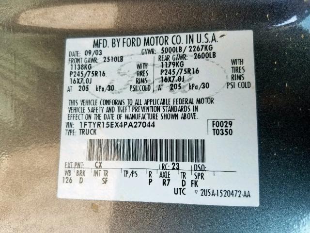 1FTYR15EX4PA27044 - 2004 FORD RANGER SUP GRAY photo 10