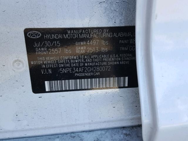 5NPE34AF2GH280072 - 2016 HYUNDAI SONATA SPO WHITE photo 10