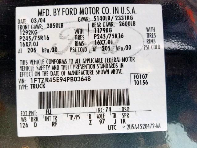 1FTZR45E94PB03648 - 2004 FORD RANGER SUP GREEN photo 10