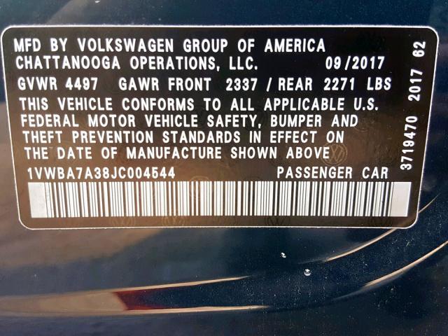 1VWBA7A38JC004544 - 2018 VOLKSWAGEN PASSAT SE BLUE photo 10