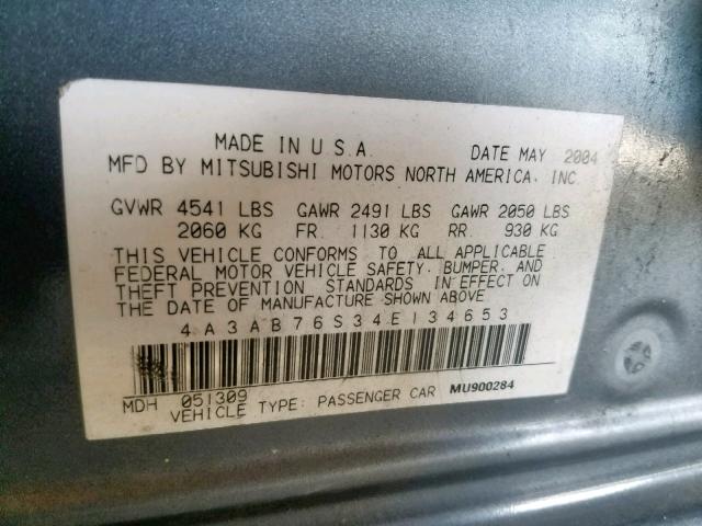 4A3AB76S34E134653 - 2004 MITSUBISHI GALANT GTS GRAY photo 10