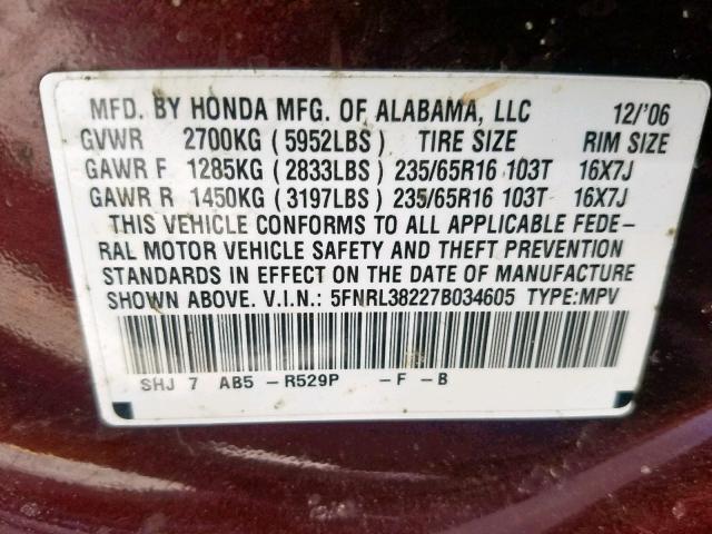 5FNRL38227B034605 - 2007 HONDA ODYSSEY LX RED photo 10