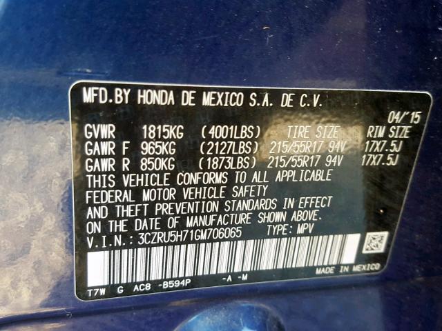 3CZRU5H71GM706065 - 2016 HONDA HR-V EXL BLUE photo 10