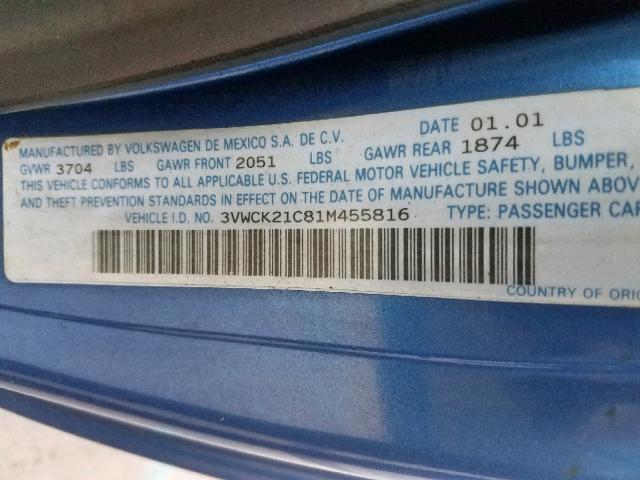 3VWCK21C81M455816 - 2001 VOLKSWAGEN NEW BEETLE Blau Foto 10