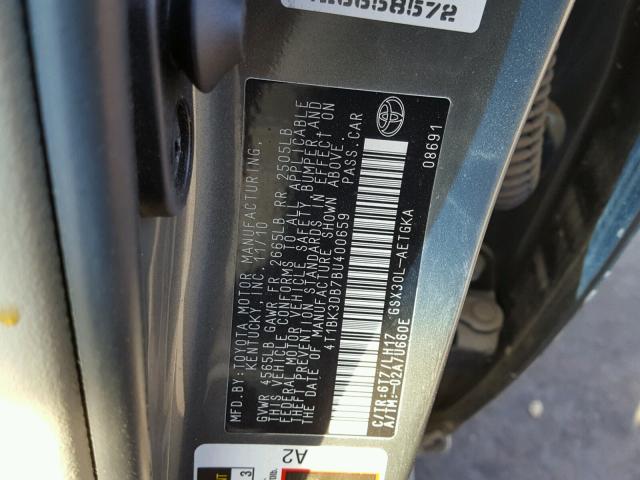 4T1BK3DB7BU400659 - 2011 TOYOTA AVALON BAS GRAY photo 10