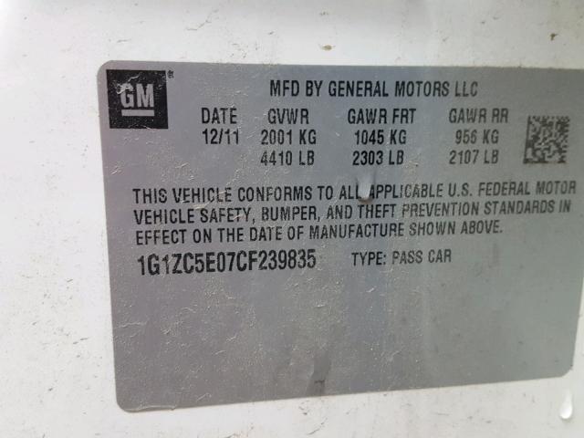 1G1ZC5E07CF239835 - 2012 CHEVROLET MALIBU 1LT 奶油色 照片 10