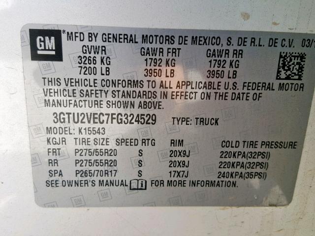 3GTU2VEC7FG324529 - 2015 GMC SIERRA K15 WHITE photo 10