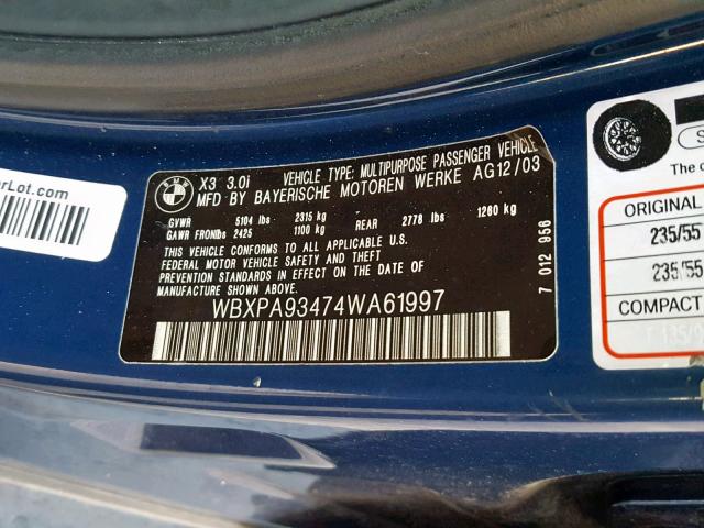 WBXPA93474WA61997 - 2004 BMW X3 3.0I BLUE photo 10