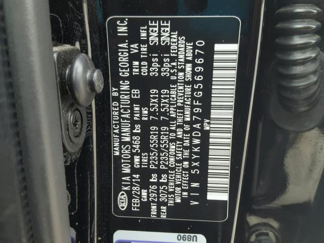 5XYKWDA79FG569670 - 2015 KIA SORENTO SX BLACK photo 10