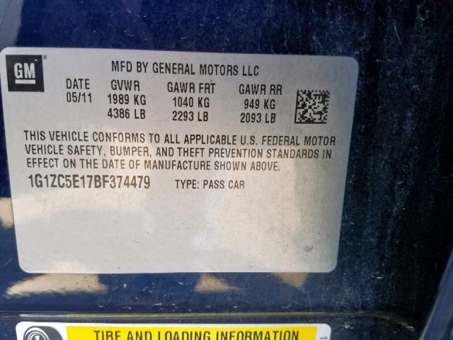 1G1ZC5E17BF374479 - 2011 CHEVROLET MALIBU 1LT 蓝色 照片 10