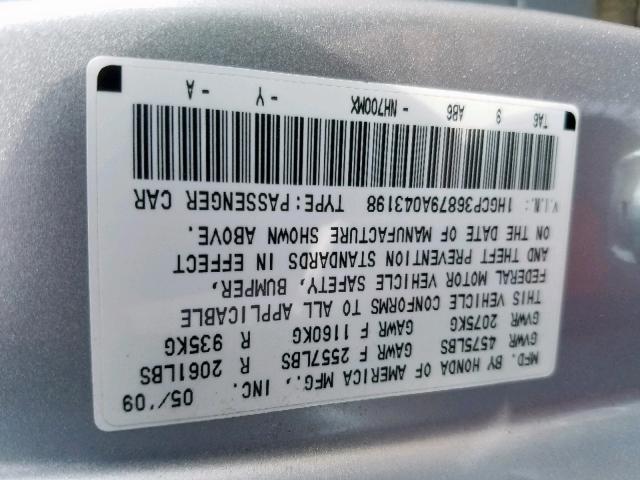 1HGCP36879A043198 - 2009 HONDA ACCORD EXL SILVER photo 10