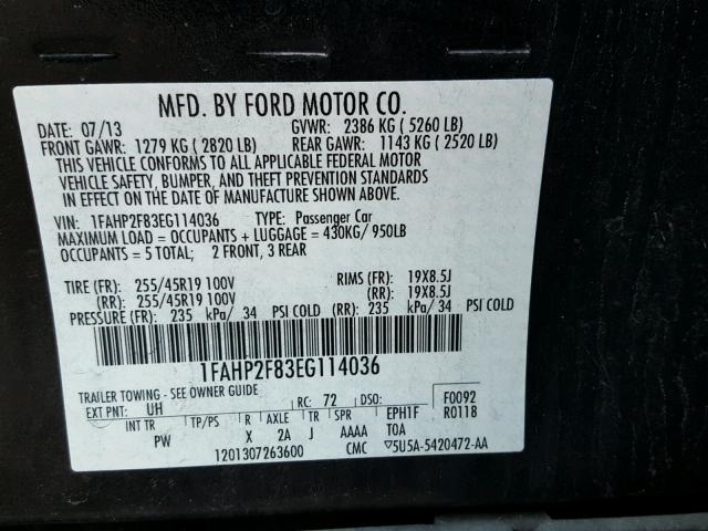 1FAHP2F83EG114036 - 2014 FORD TAURUS LIM BLACK photo 10