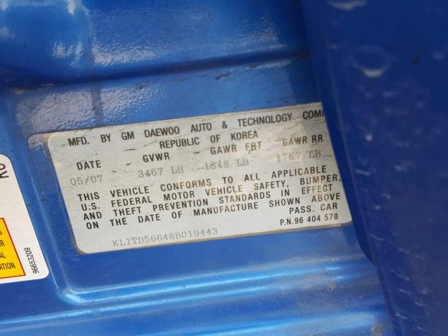 KL1TD56648B019443 - 2008 CHEVROLET AVEO BASE Көк фото 10