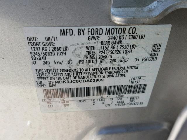 2FMDK3JC8CBA03989 - 2012 FORD EDGE SEL SILVER photo 10