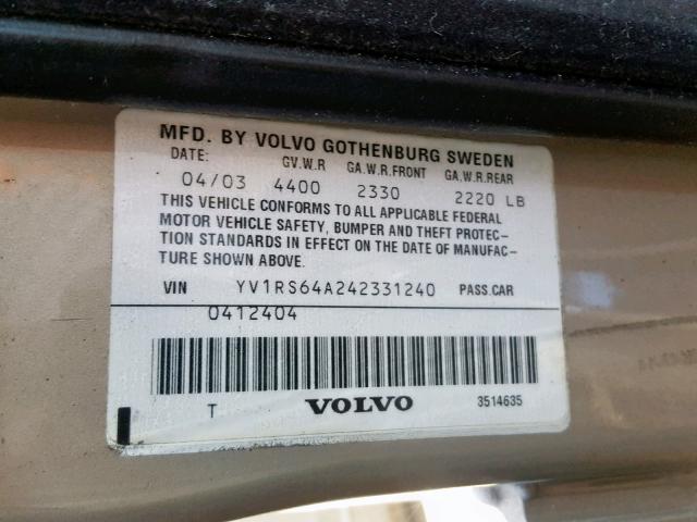 YV1RS64A242331240 - 2004 VOLVO S60 SILVER photo 10