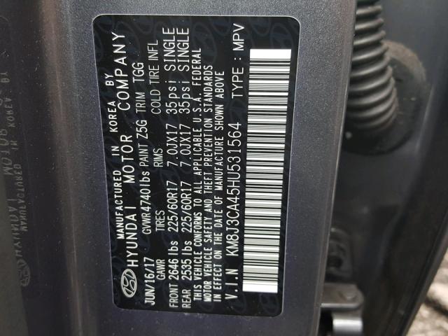 KM8J3CA45HU531564 - 2017 HYUNDAI TUCSON LIM GRAY photo 10