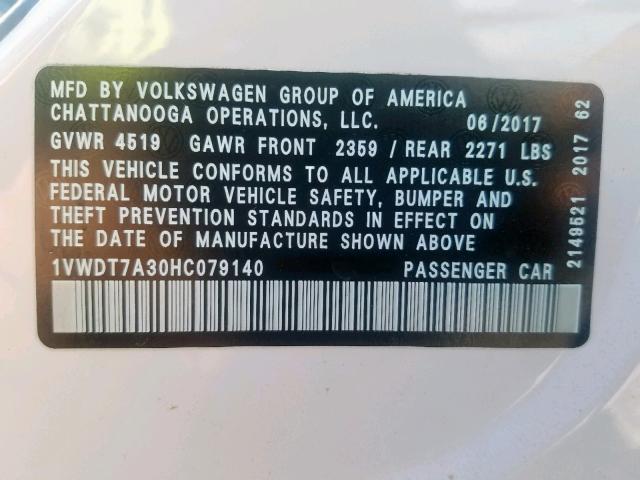 1VWDT7A30HC079140 - 2017 VOLKSWAGEN PASSAT R-L 白色 照片 10