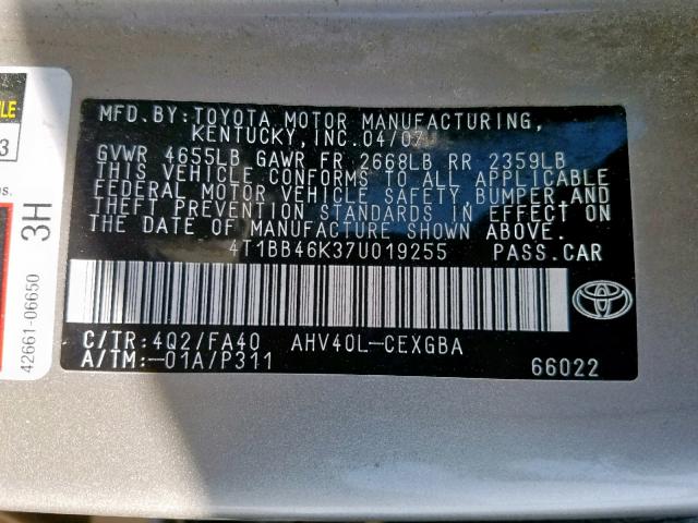 4T1BB46K37U019255 - 2007 TOYOTA CAMRY NEW GOLD photo 10