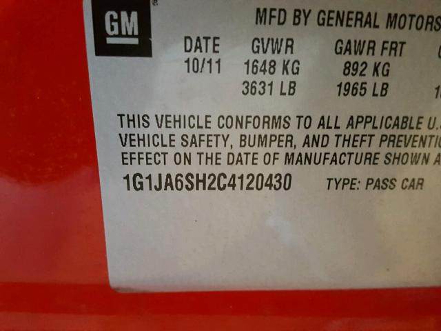 1G1JA6SH2C4120430 - 2012 CHEVROLET SONIC LS RED photo 10