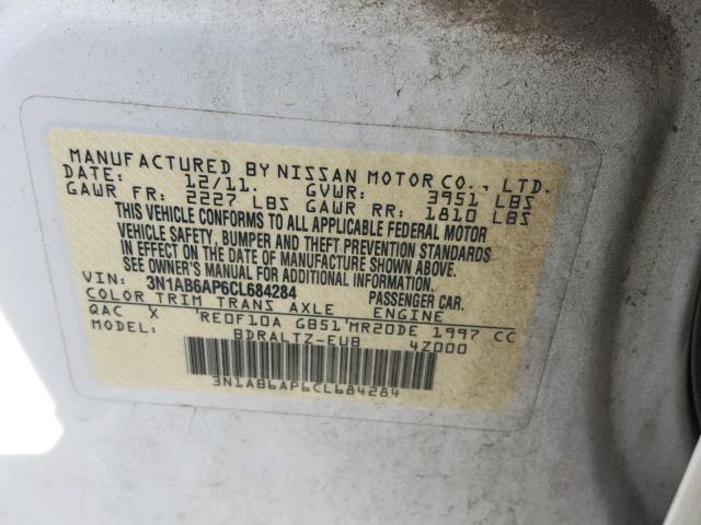 3N1AB6AP6CL684284 - 2012 NISSAN SENTRA 2.0 WHITE photo 10