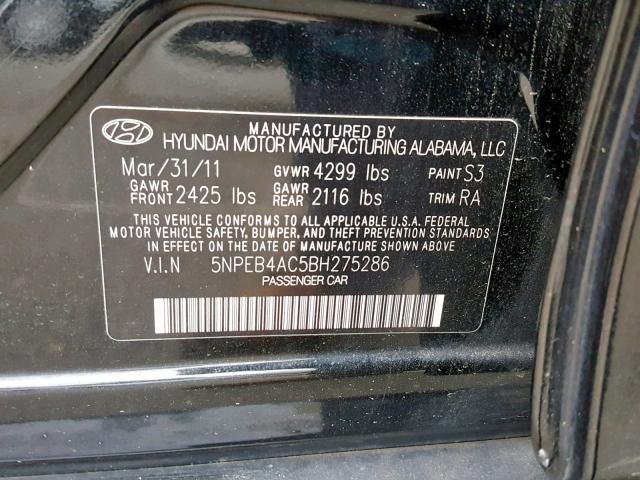 5NPEB4AC5BH275286 - 2011 HYUNDAI SONATA GLS BLACK photo 10