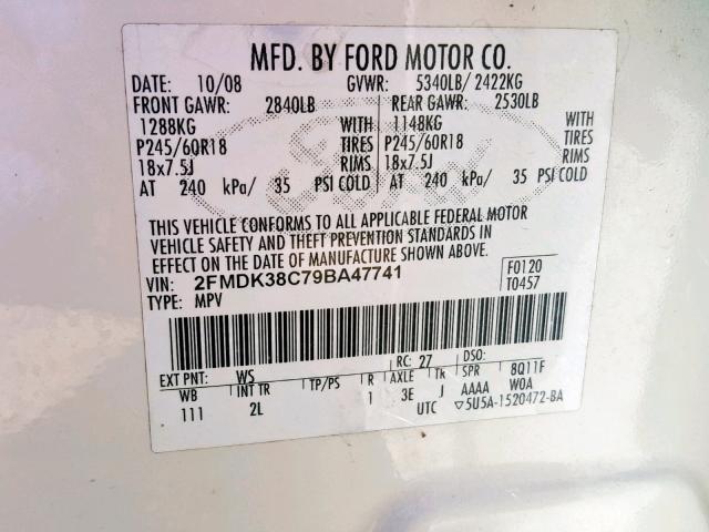 2FMDK38C79BA47741 - 2009 FORD EDGE SEL WHITE photo 10