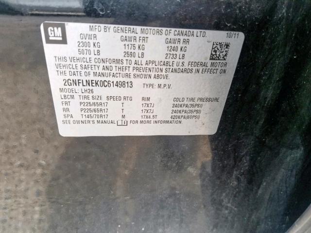 2GNFLNEK0C6149813 - 2012 CHEVROLET EQUINOX LT BLACK photo 10