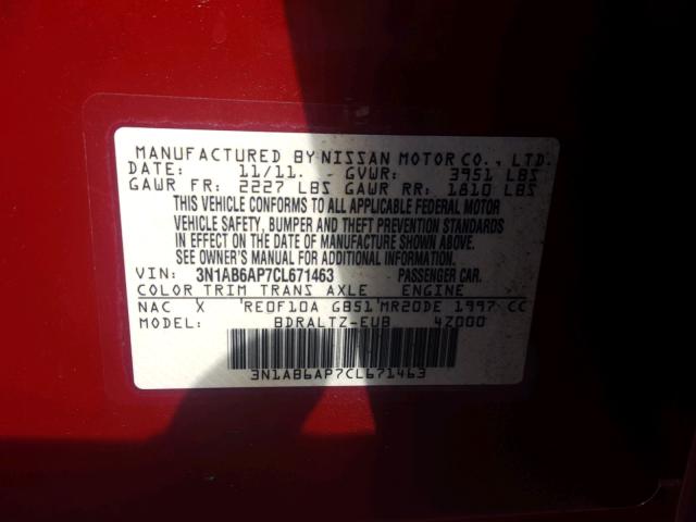 3N1AB6AP7CL671463 - 2012 NISSAN SENTRA 2.0 RED photo 10