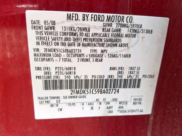 2FMDK51C59BA02724 - 2009 FORD FLEX SE RED photo 10