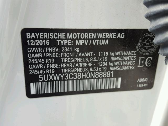 5UXWY3C38H0N88881 - 2017 BMW X3 XDRIVE2 WHITE photo 10