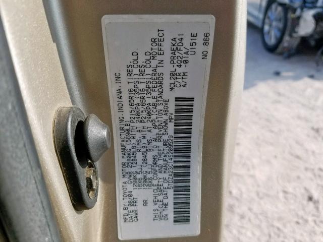 5TDZA23C14S209529 - 2004 TOYOTA SIENNA CE GOLD photo 10