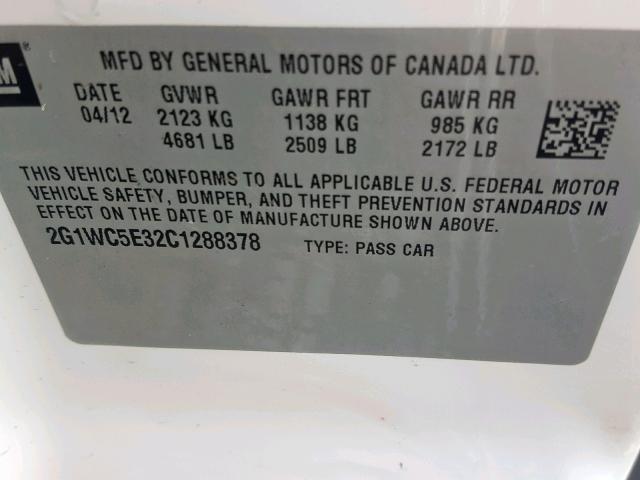 2G1WC5E32C1288378 - 2012 CHEVROLET IMPALA LTZ WHITE photo 10