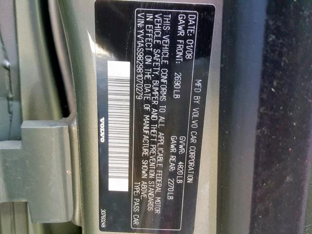 YV1AS982981070279 - 2008 VOLVO S80 3.2 GRAY photo 10