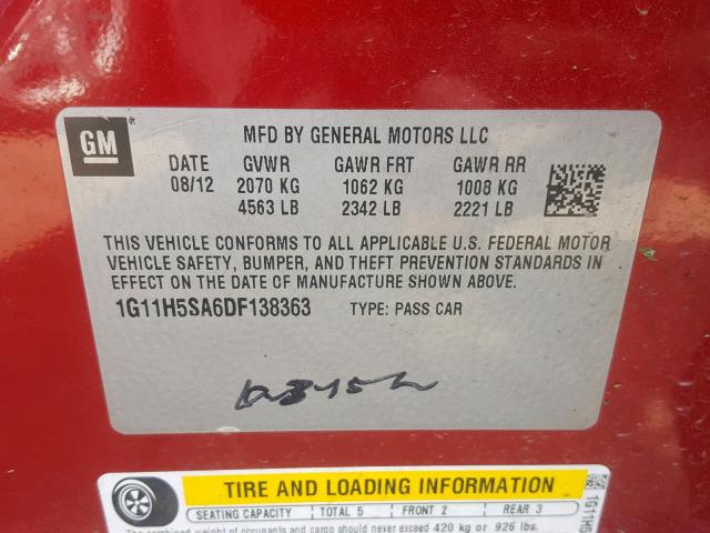 1G11H5SA6DF138363 - 2013 CHEVROLET MALIBU LTZ წითელი ფოტო 10