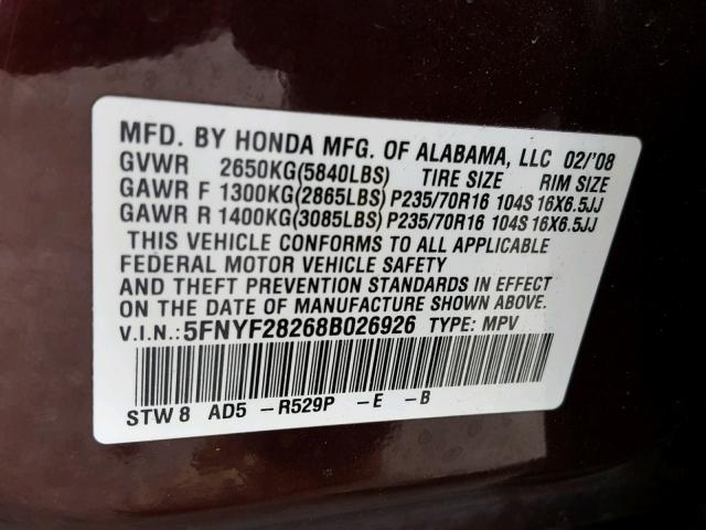 5FNYF28268B026926 - 2008 HONDA PILOT VP BURGUNDY photo 10