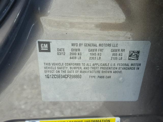 1G1ZC5E04CF298860 - 2012 CHEVROLET MALIBU 1LT ნაცრისფერი ფოტო 10