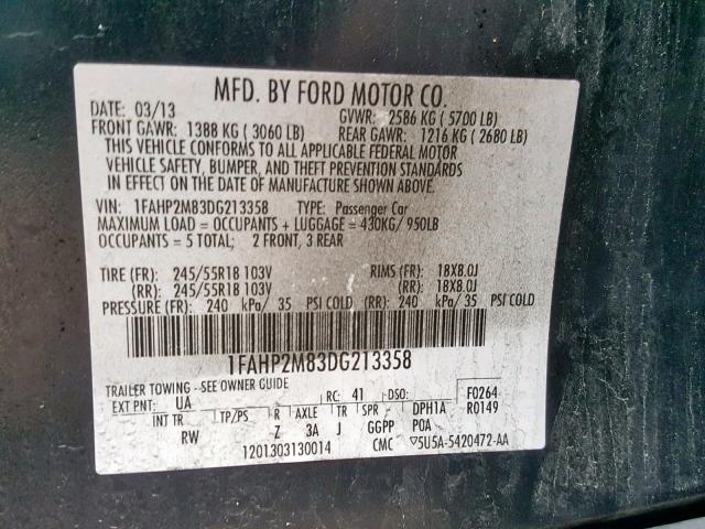 1FAHP2M83DG213358 - 2013 FORD TAURUS POL BLACK photo 10