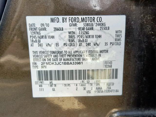 2FMDK3JC1BBA33981 - 2011 FORD EDGE SEL BLACK photo 10