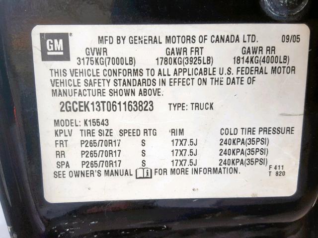 2GCEK13T061163823 - 2006 CHEVROLET SILVERADO BLACK photo 10