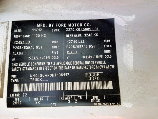 NM0LS6AN0DT136117 - 2013 FORD TRANSIT CO WHITE photo 10