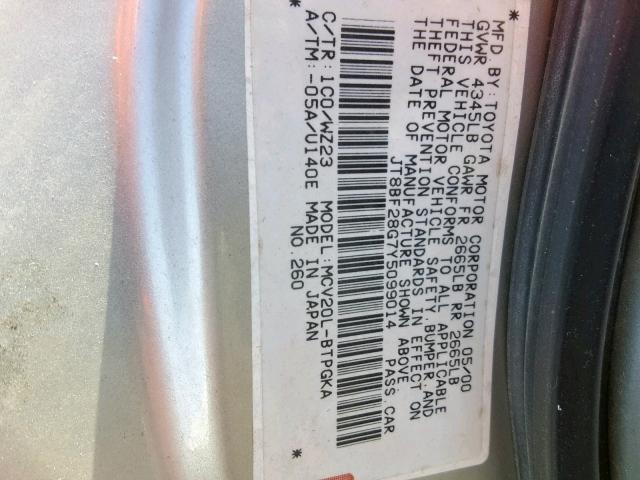 JT8BF28G7Y5099014 - 2000 LEXUS ES 300 SILVER photo 10